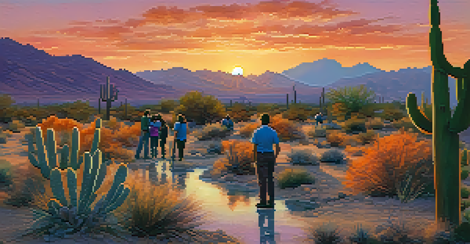Students planting native plants in a Tucson desert landscape during a beautiful sunset.