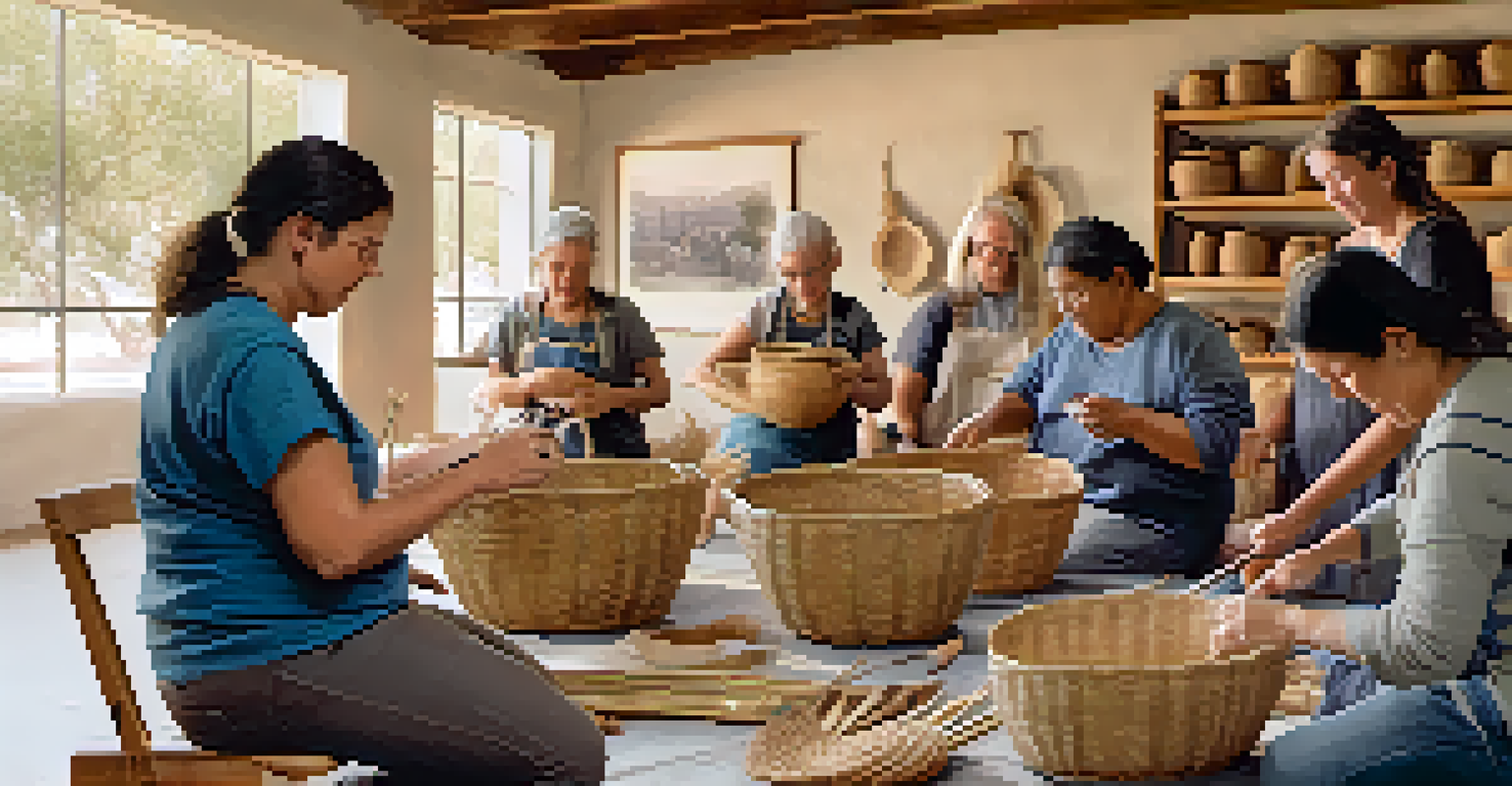 Participants learning traditional basket weaving from a skilled artisan in a bright workshop.