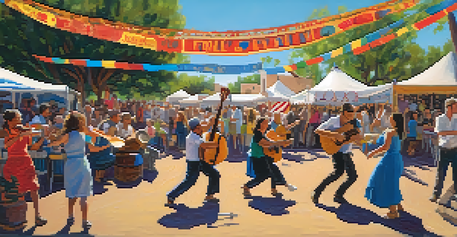 Musicians performing on stage at the Tucson Folk Festival, with a cheerful crowd dancing and enjoying the music.
