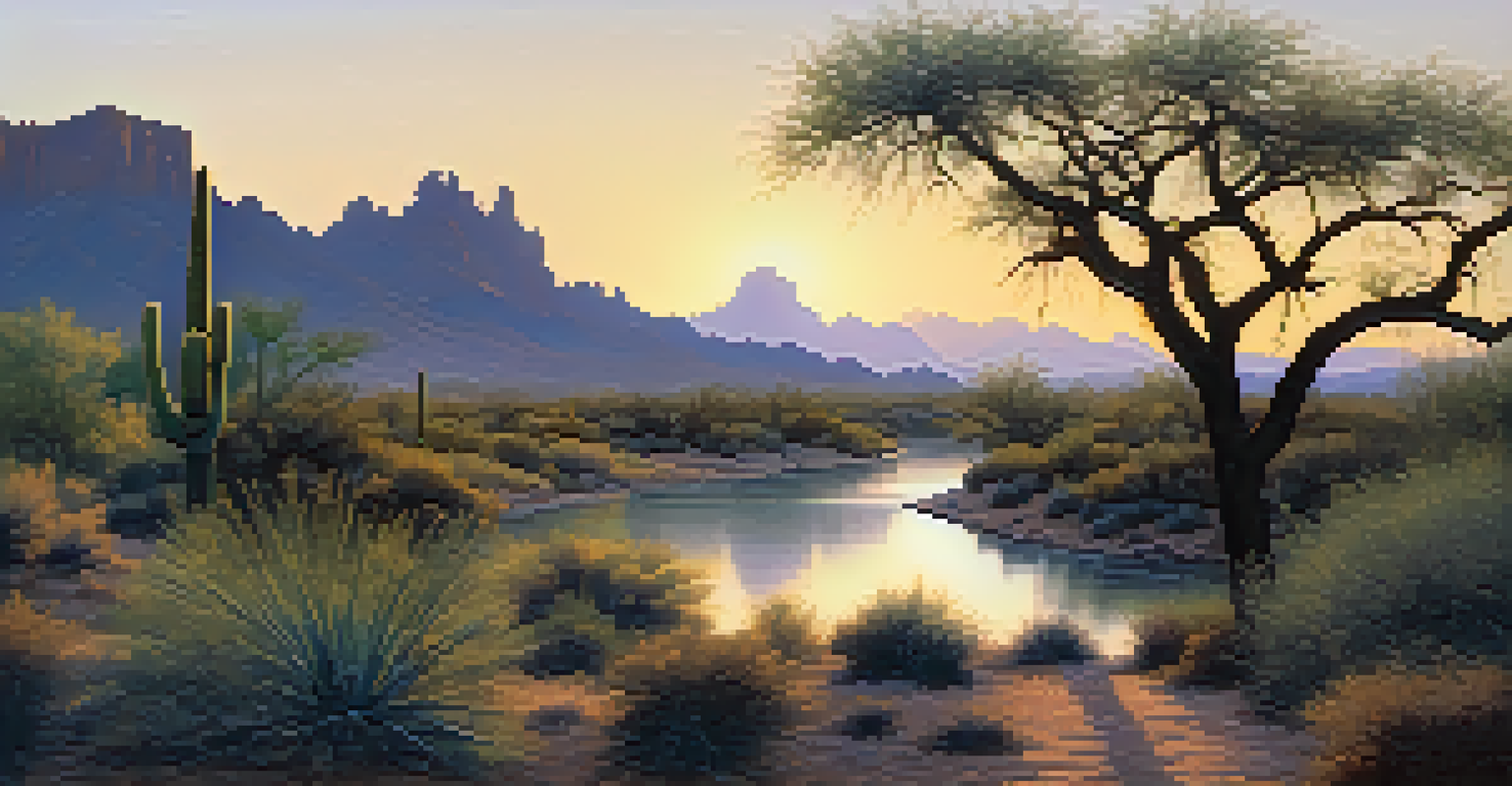 A peaceful Sonoran Desert landscape at dawn with a river and Indigenous people farming in the distance.