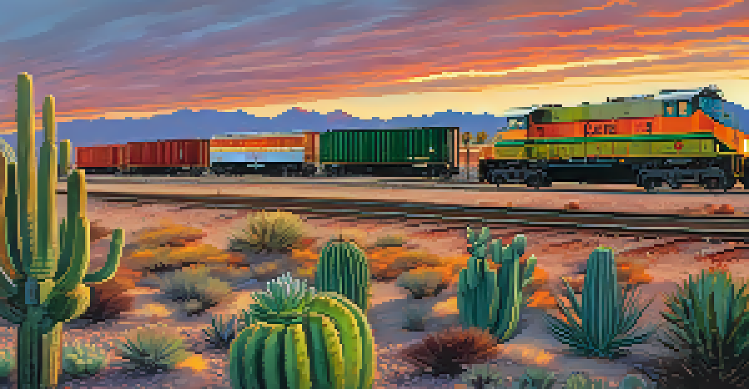 A vibrant sunset over Tucson's rail yard with freight trains and desert plants in the foreground.