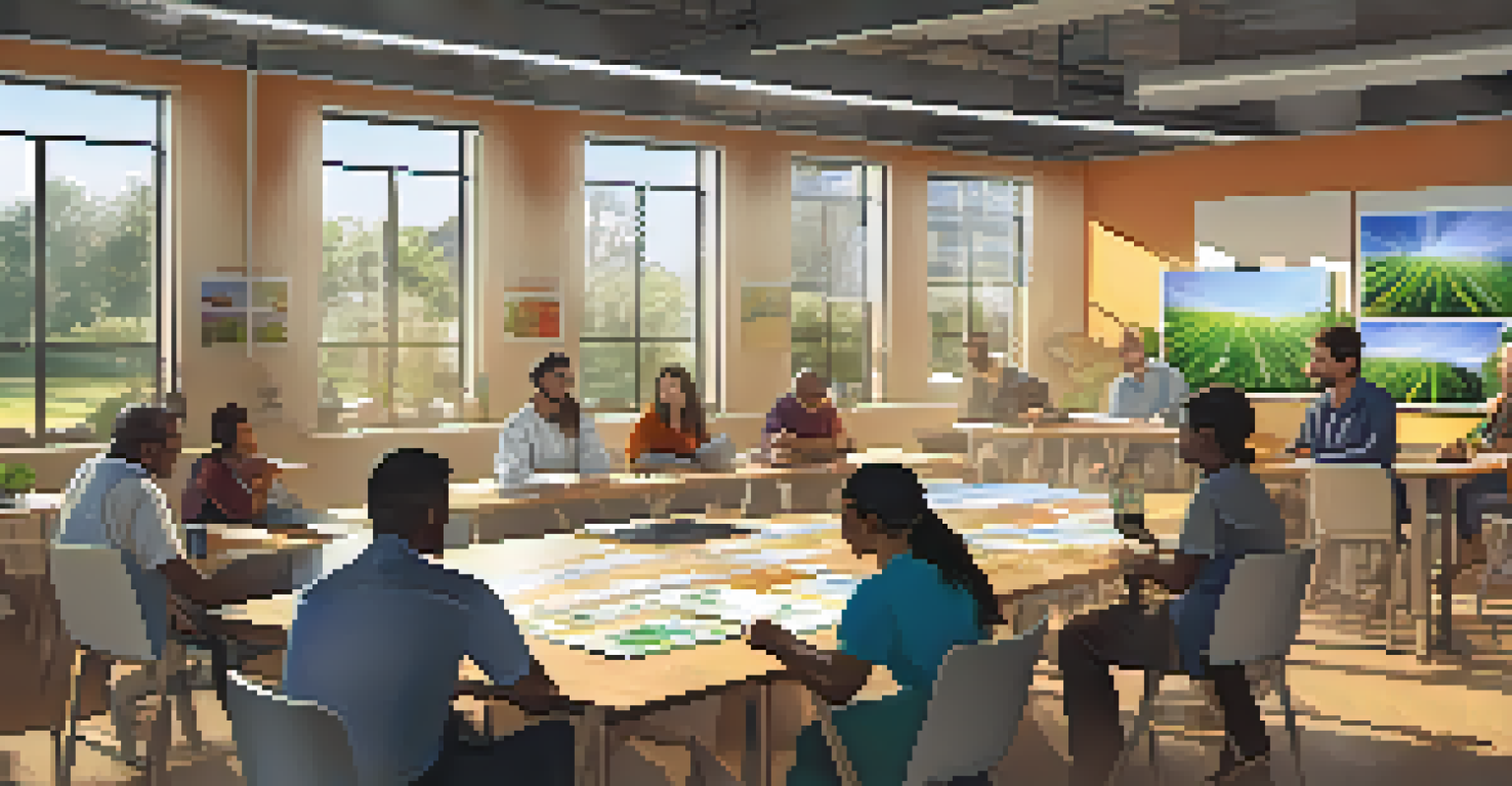 A community workshop with people learning about solar energy technologies in a bright indoor space.