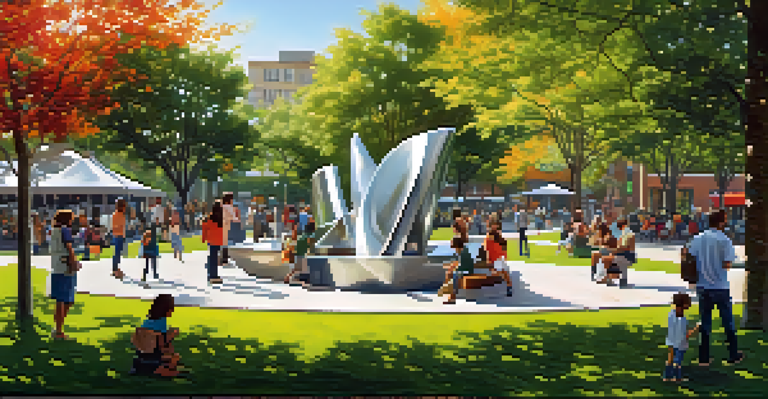 A lively park with a shiny abstract sculpture and diverse people interacting, enjoying a sunny day.