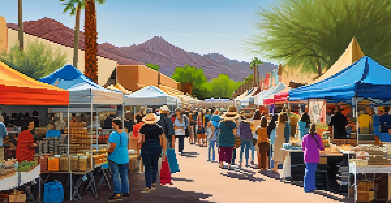 A vibrant local market scene in Tucson with women entrepreneurs selling handmade crafts, surrounded by colorful stalls and engaged customers.