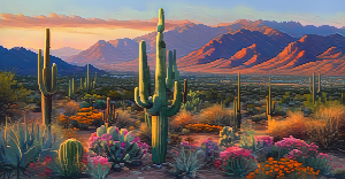 A scenic sunset view of Tucson, Arizona, with mountains and desert cacti in the foreground.