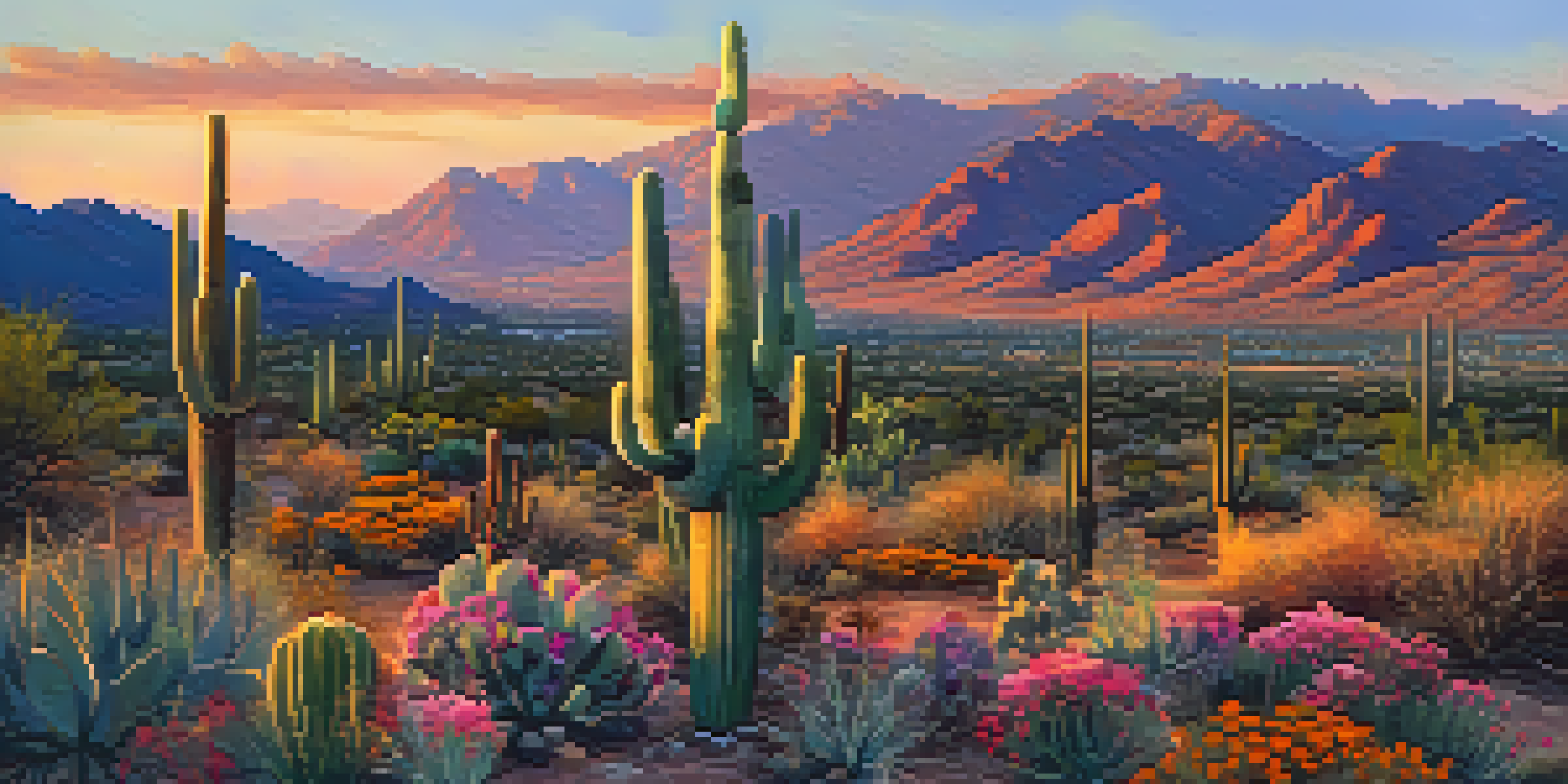 A scenic sunset view of Tucson, Arizona, with mountains and desert cacti in the foreground.