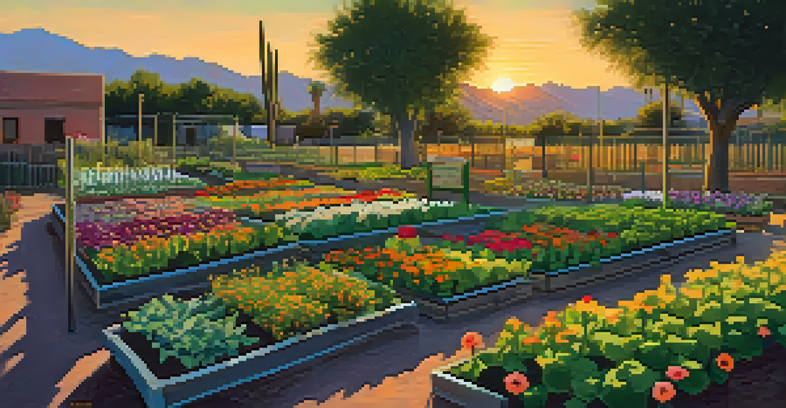 A community garden in Tucson at sunset, showcasing vegetables and flowers in warm golden light.