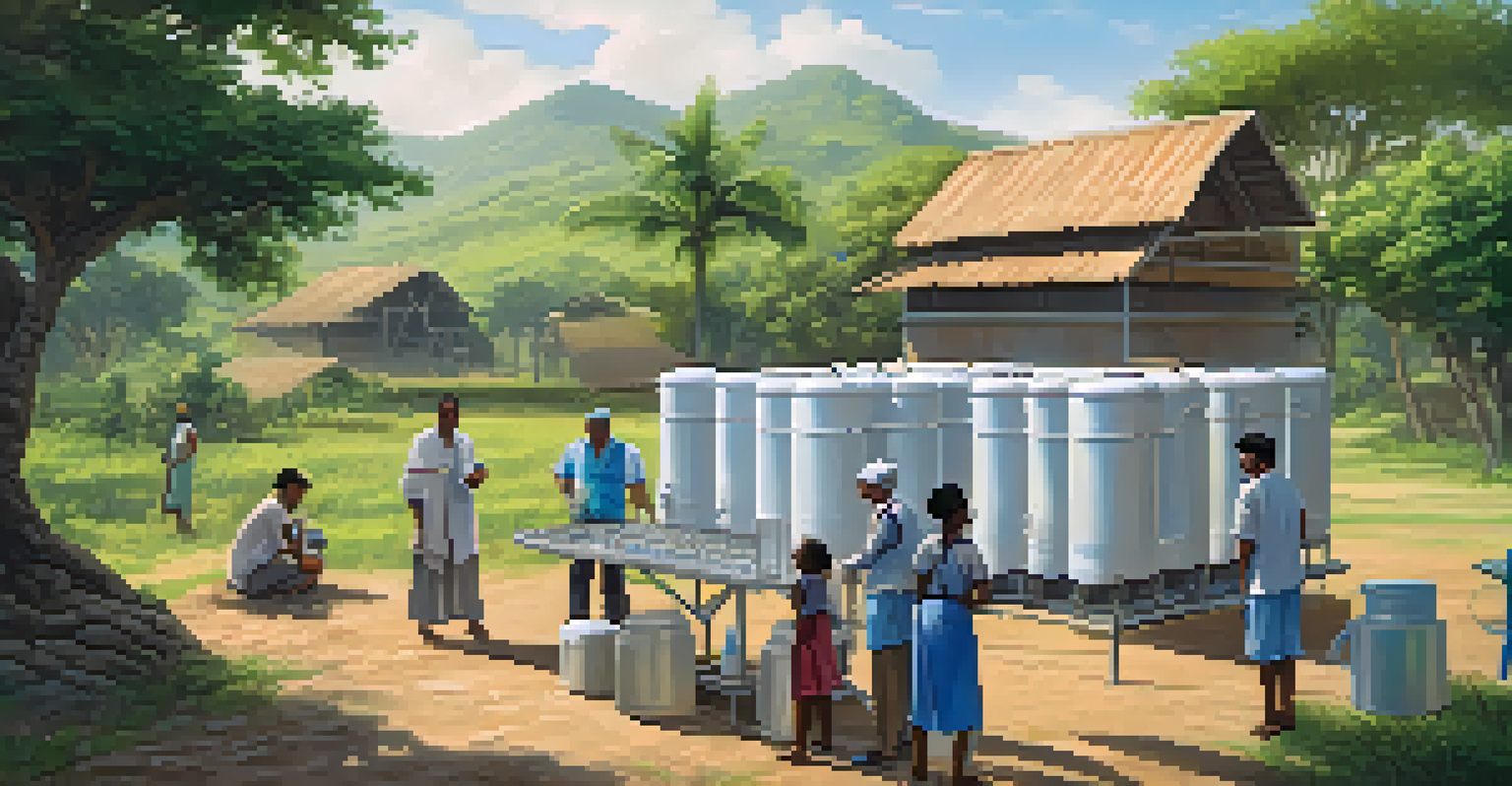 A researcher demonstrating a water purification system to local residents in a rural community, surrounded by greenery.