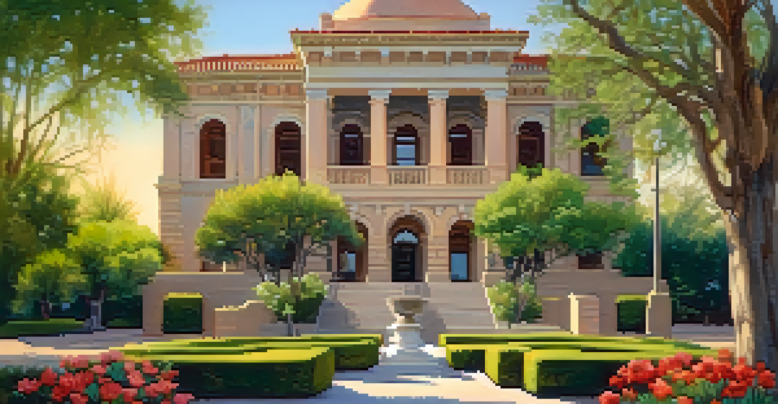 The historic Pima County Courthouse in Tucson, surrounded by greenery and flowers, illuminated by warm golden hour light.