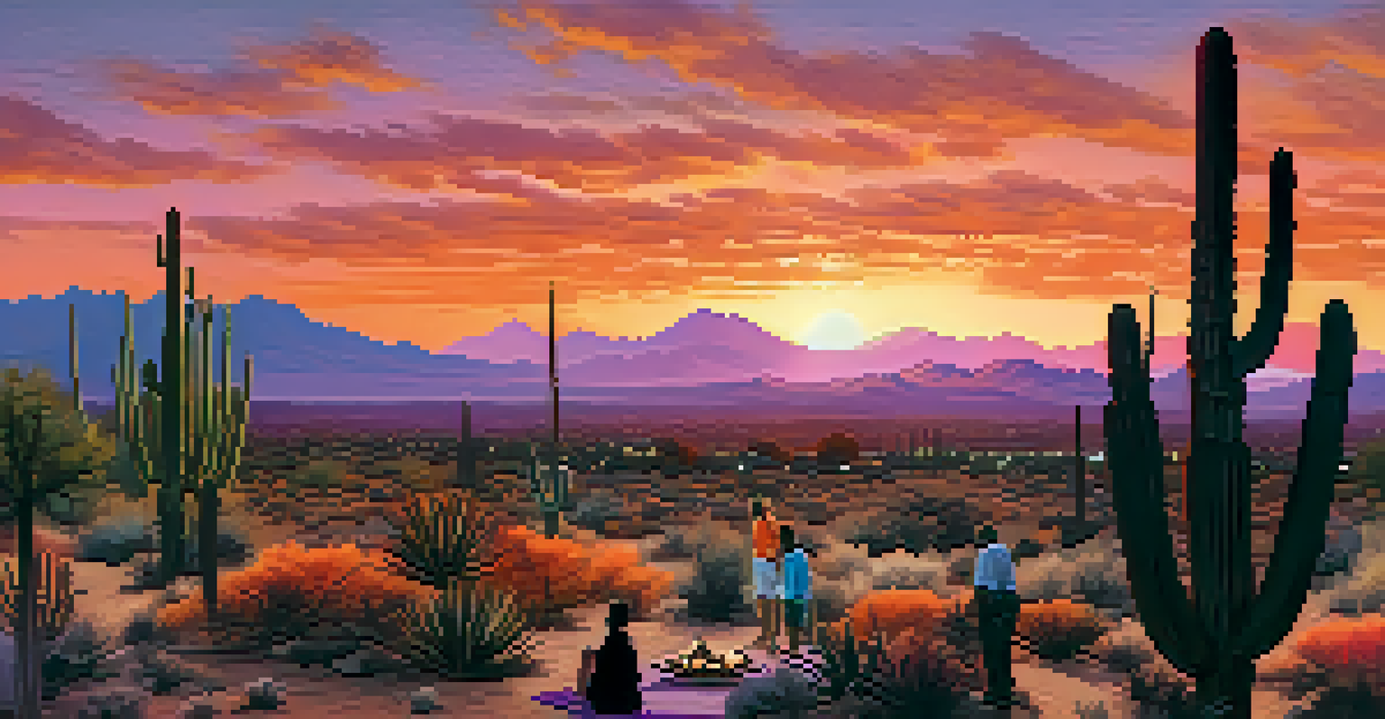 A beautiful desert landscape in Tucson at sunset, with mountains in the background and diverse people sharing stories around a fire in the foreground.