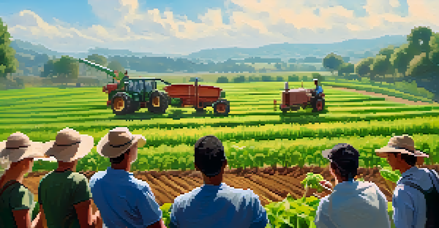 University students and local farmers collaborating in a field to improve farming techniques under a sunny sky.