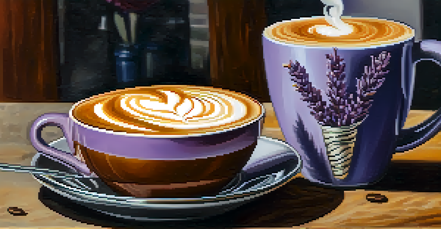 Close-up of a lavender latte with intricate latte art, set on a rustic cafe table with a vase of flowers in the background.