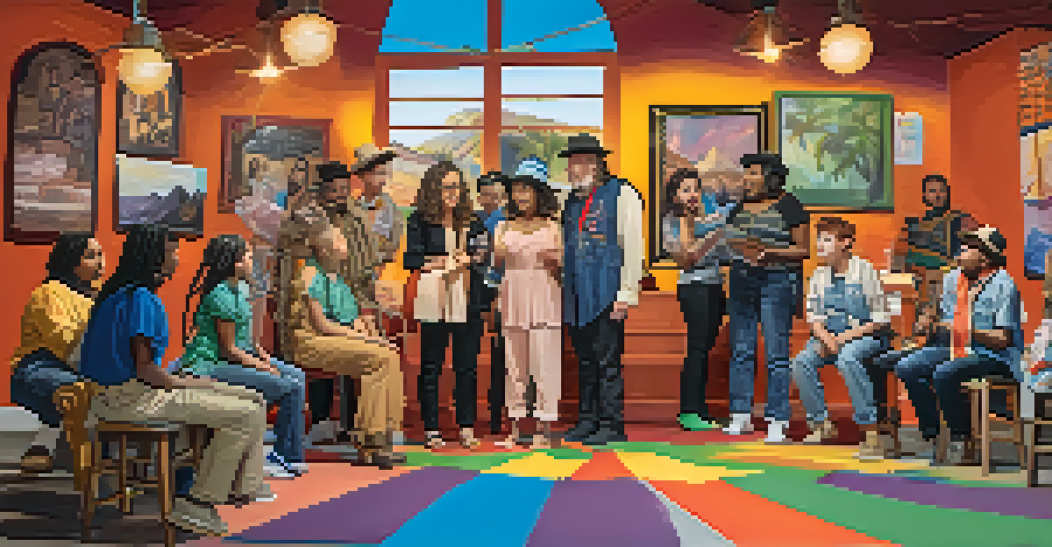 A community theater workshop with aspiring actors practicing lines and a mentor guiding them, surrounded by colorful props and costumes.