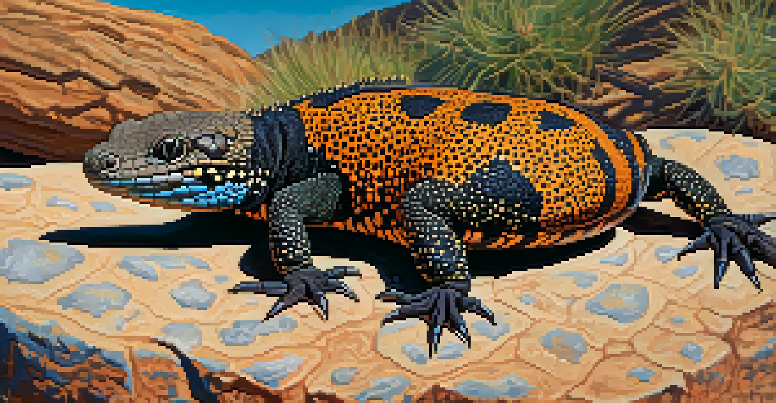 A close-up of a Gila monster resting on a rock, displaying its bright orange and black scales against a blurred desert landscape.
