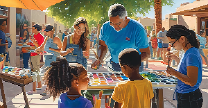 A community art workshop in Tucson, with diverse participants engaged in various art activities under warm sunlight.
