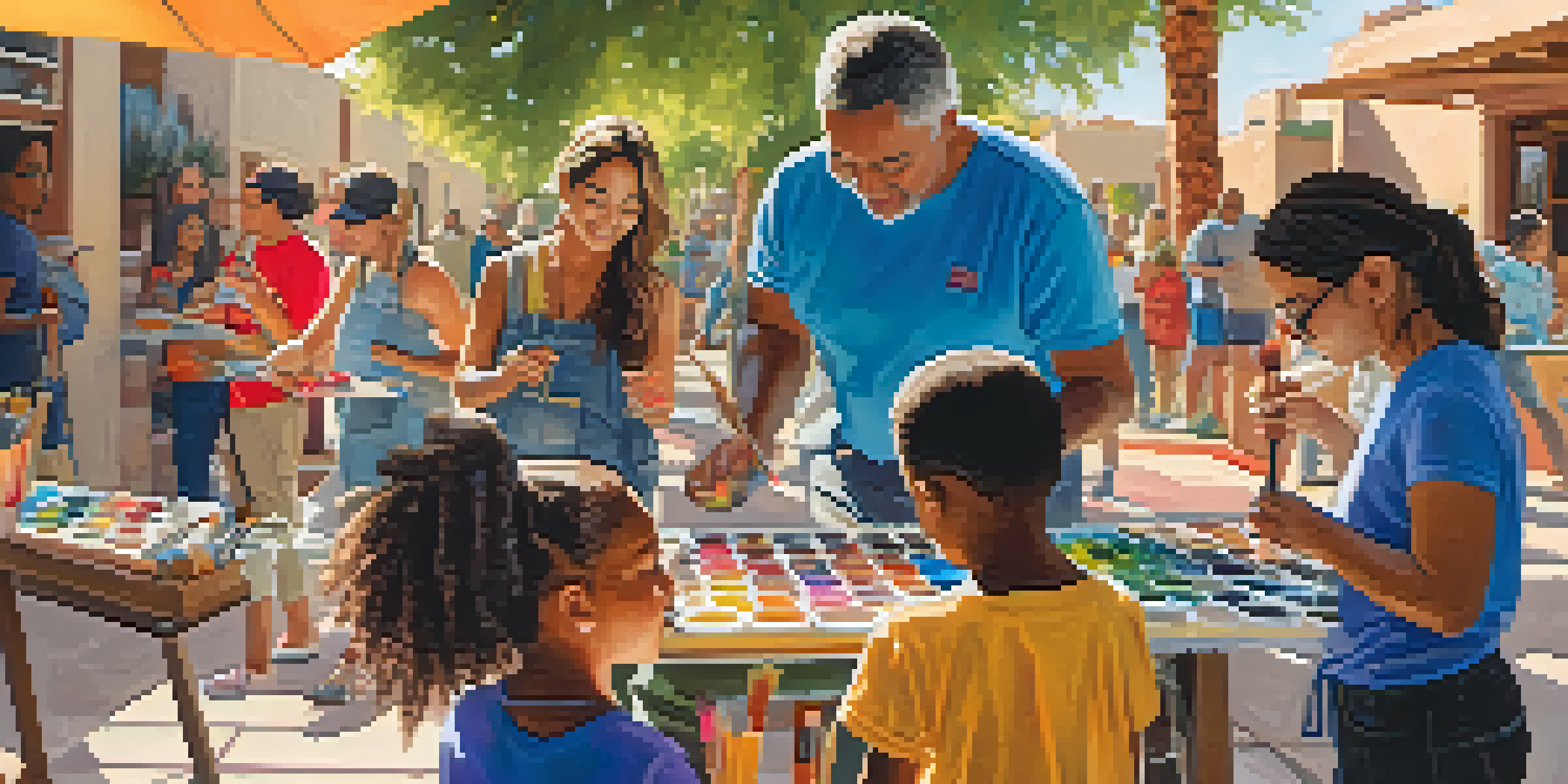 A community art workshop in Tucson, with diverse participants engaged in various art activities under warm sunlight.