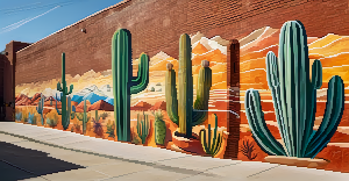 A colorful mural on a city wall illustrating Southwest cultural heritage with Indigenous motifs and natural elements.