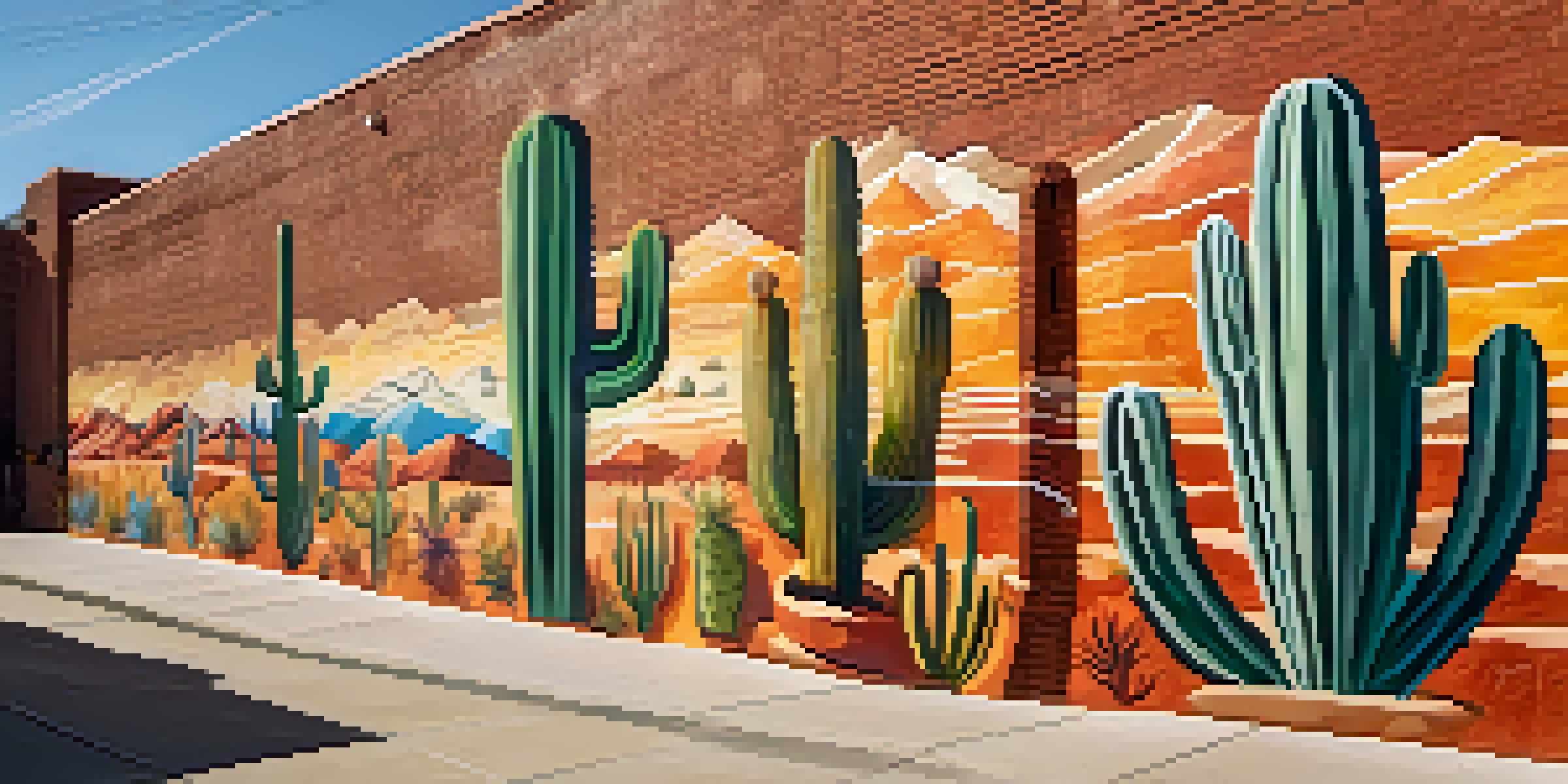 A colorful mural on a city wall illustrating Southwest cultural heritage with Indigenous motifs and natural elements.