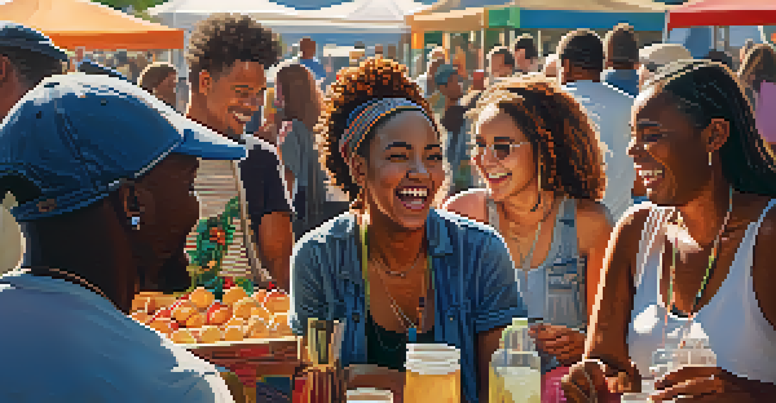 A diverse group of people at a festival sharing stories and laughing, with food trucks and crafts in the background, illuminated by warm sunlight.