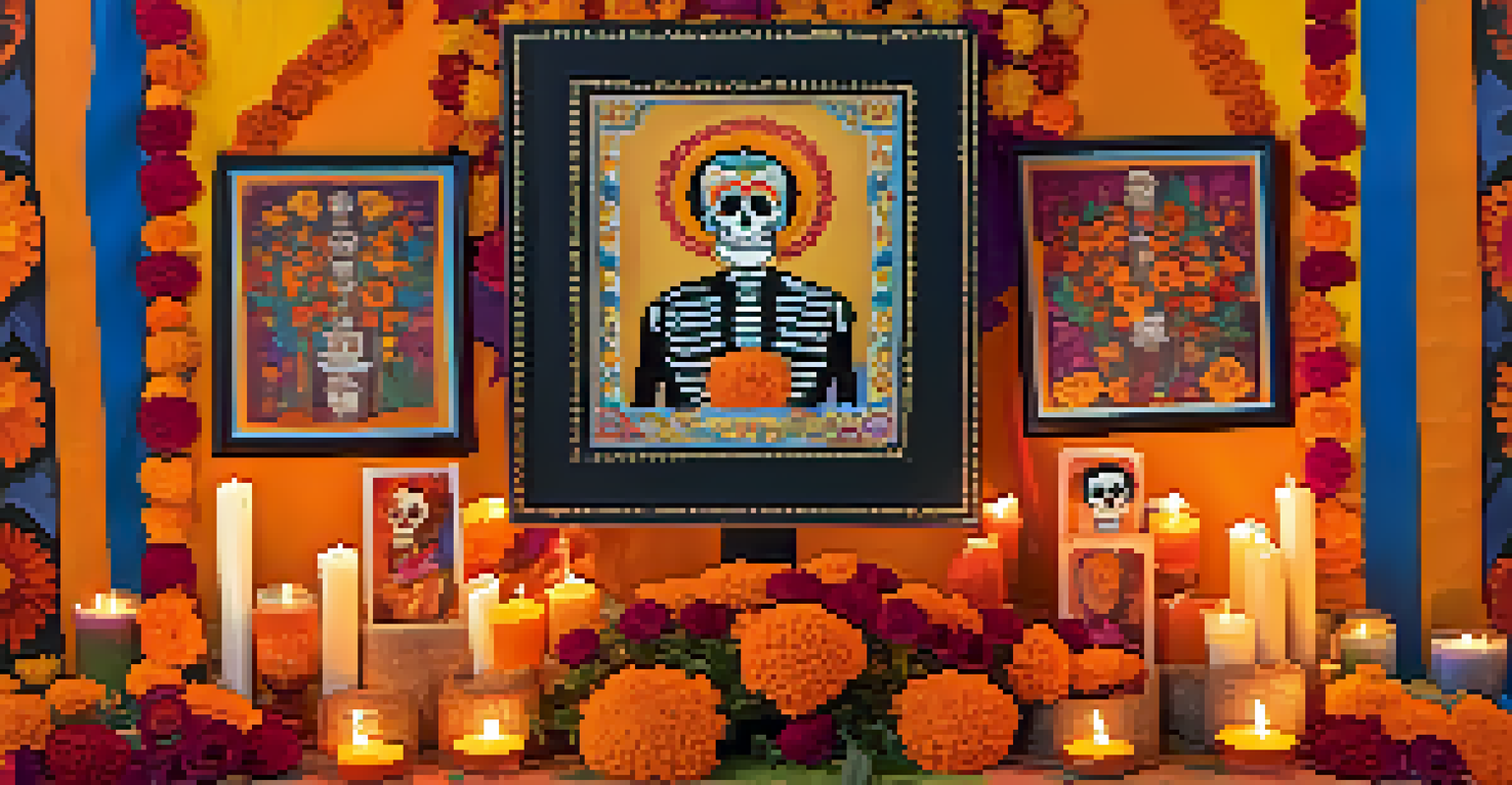 A beautifully decorated Dia de los Muertos altar with marigolds and photographs, surrounded by colorful papel picado.