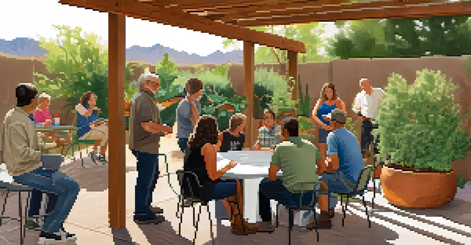 A community workshop in Tucson about rainwater harvesting, with residents attending a demonstration around a rain barrel.