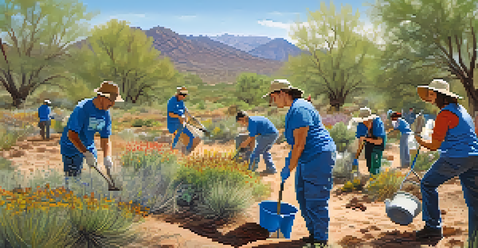 Volunteers actively restoring a habitat in Tucson's wildlife sanctuary, planting native plants and enjoying a sunny day amidst blooming wildflowers.