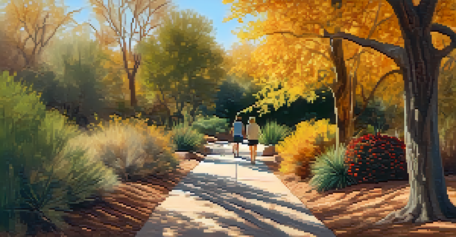 An autumn scene in Tucson's botanical gardens with visitors walking along a path surrounded by colorful foliage in earthy tones.