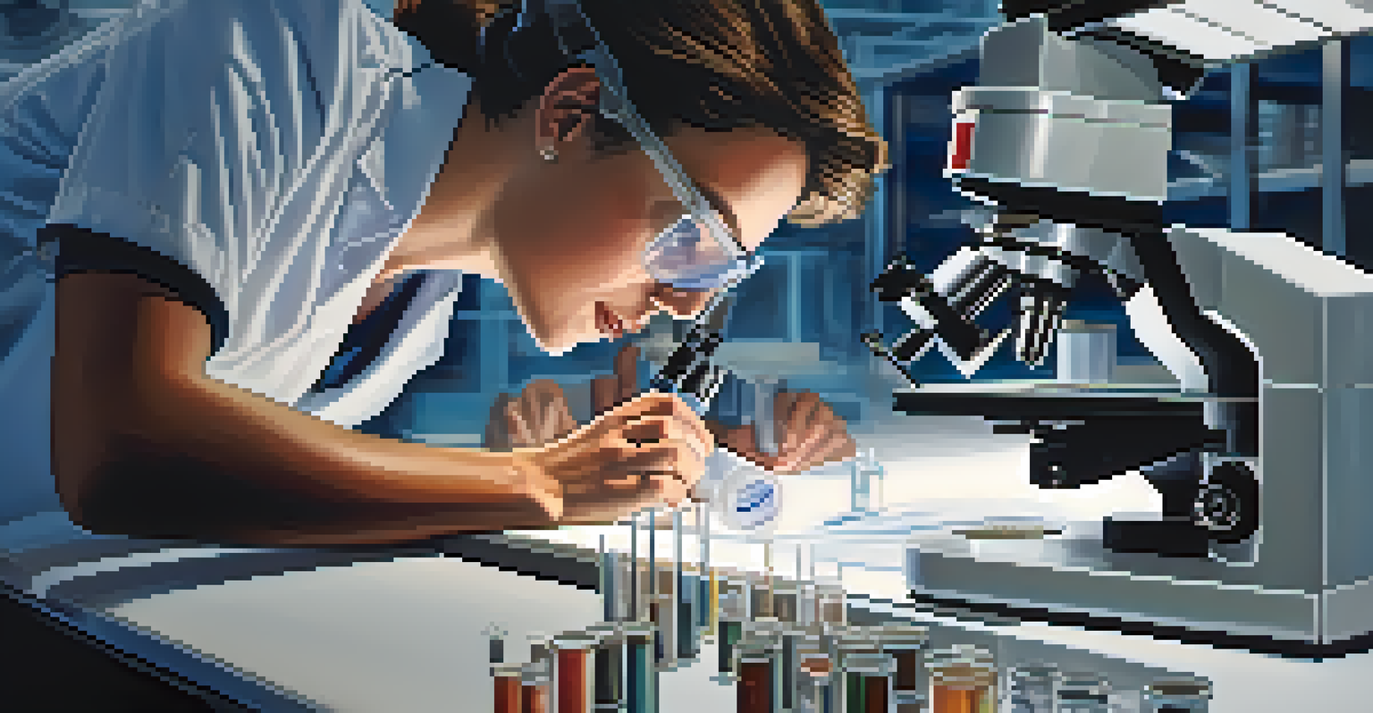 A researcher looking through a microscope in a modern laboratory, emphasizing detailed equipment.