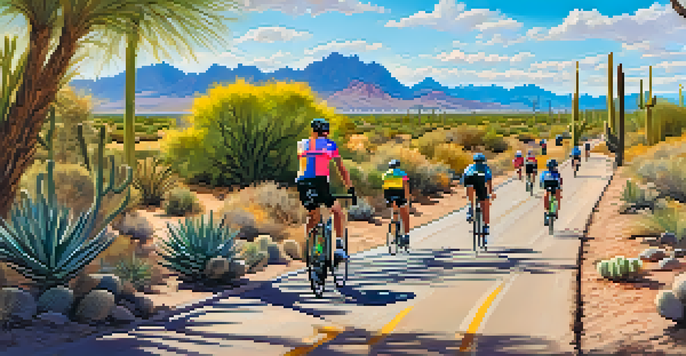 A group of cyclists riding along a sunny path in Tucson, Arizona, with cacti and mountains in the background.