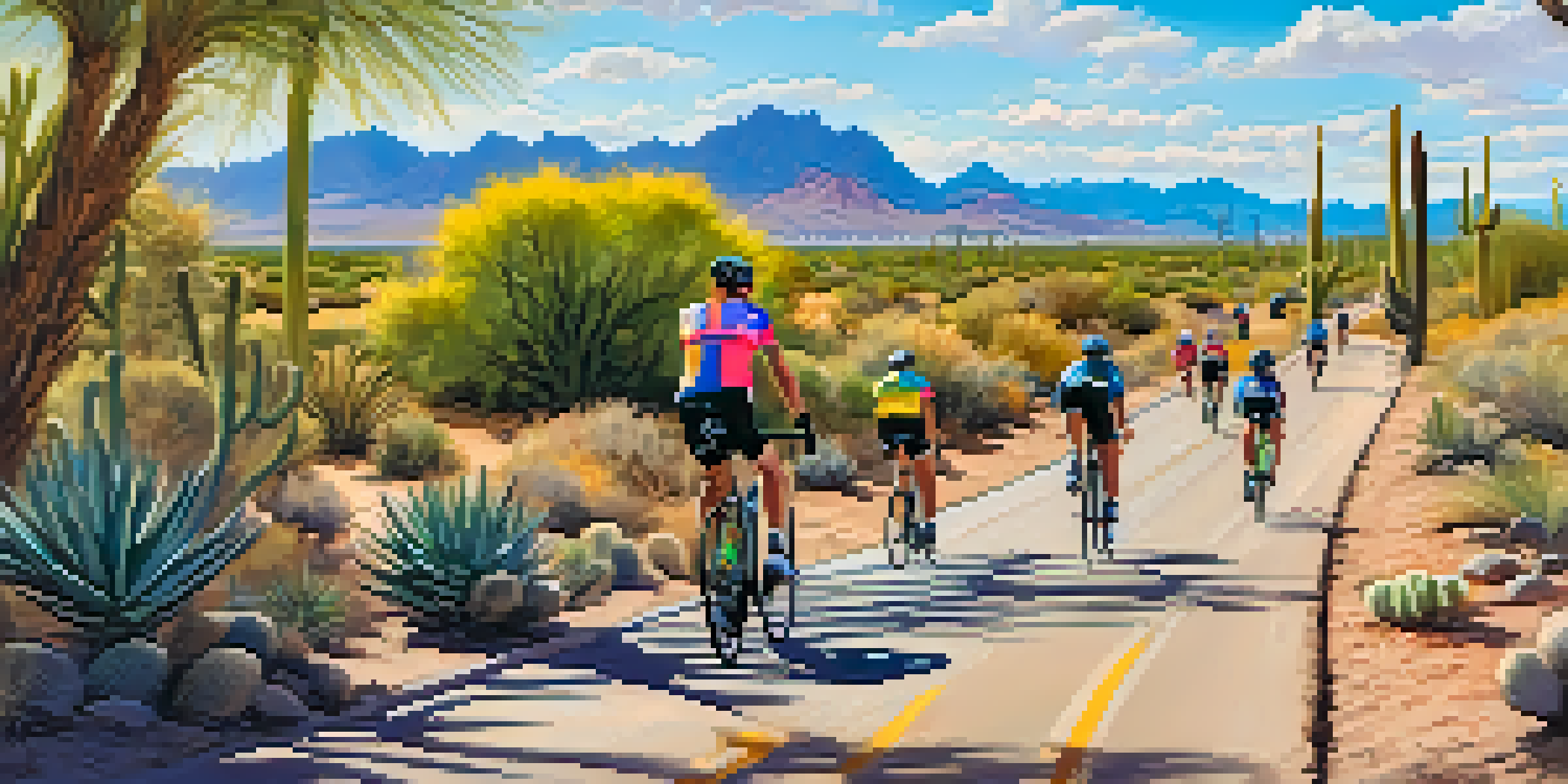 A group of cyclists riding along a sunny path in Tucson, Arizona, with cacti and mountains in the background.