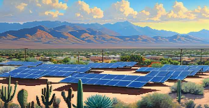 A panoramic view of Tucson with solar panels on rooftops, desert plants in the foreground, and mountains in the background under a clear sky.