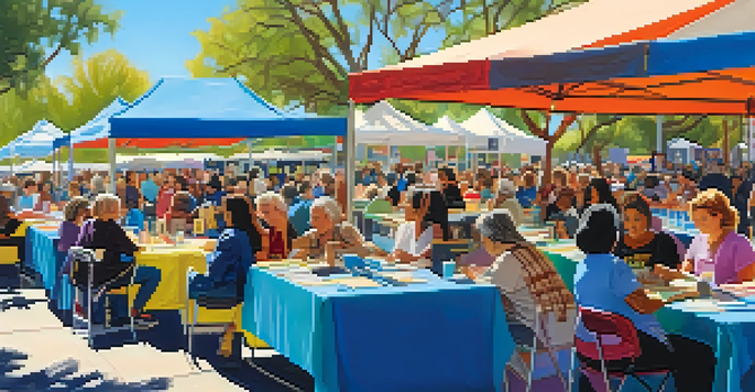 A lively outdoor book festival scene with women authors engaging with readers at a signing table, surrounded by colorful banners and bookshelves under a clear blue sky.