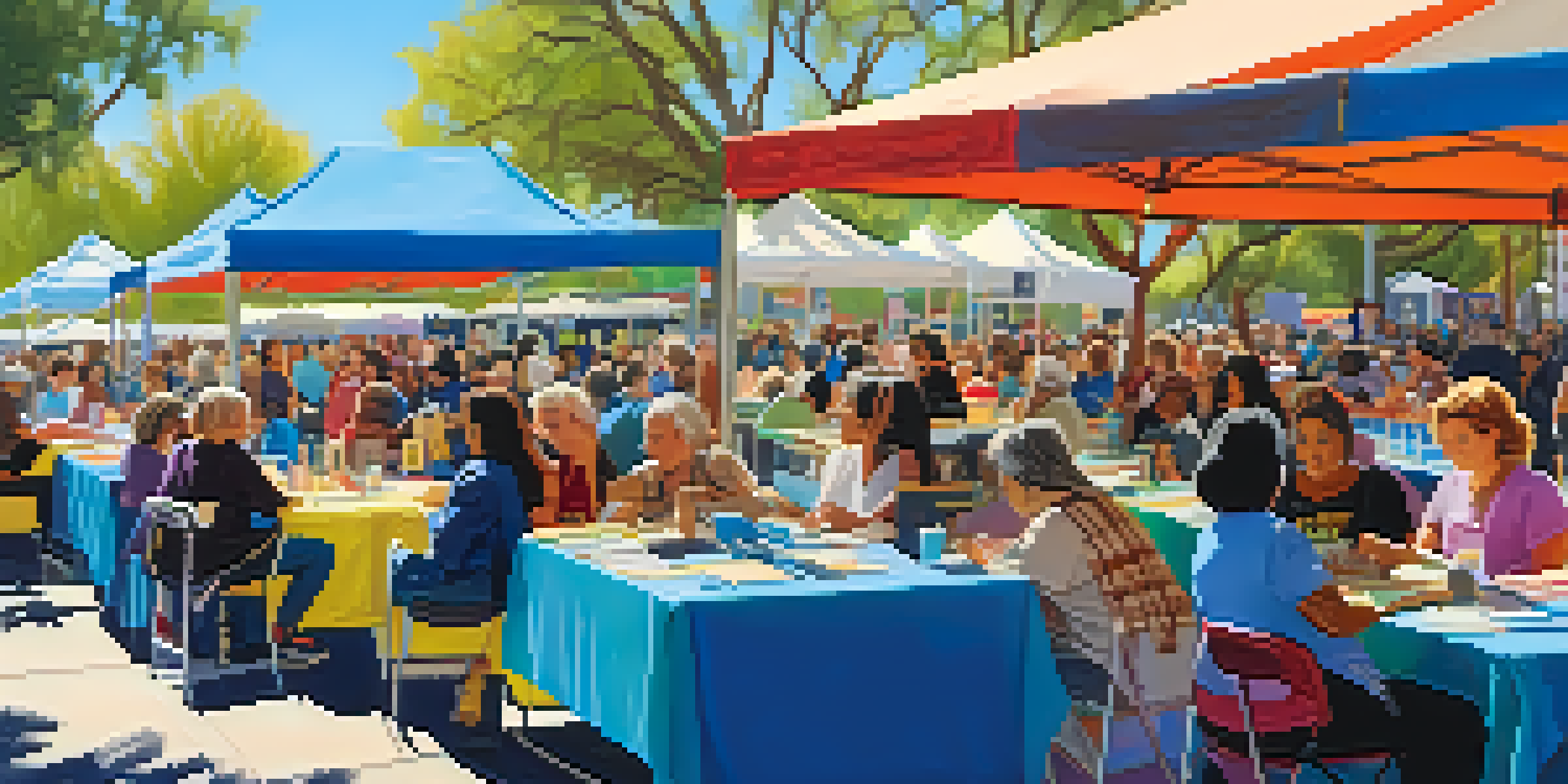 A lively outdoor book festival scene with women authors engaging with readers at a signing table, surrounded by colorful banners and bookshelves under a clear blue sky.