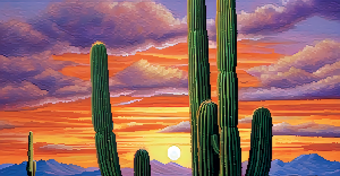 A close-up view of a saguaro cactus with a colorful sunset behind it, showcasing the cactus's spines and skin texture.