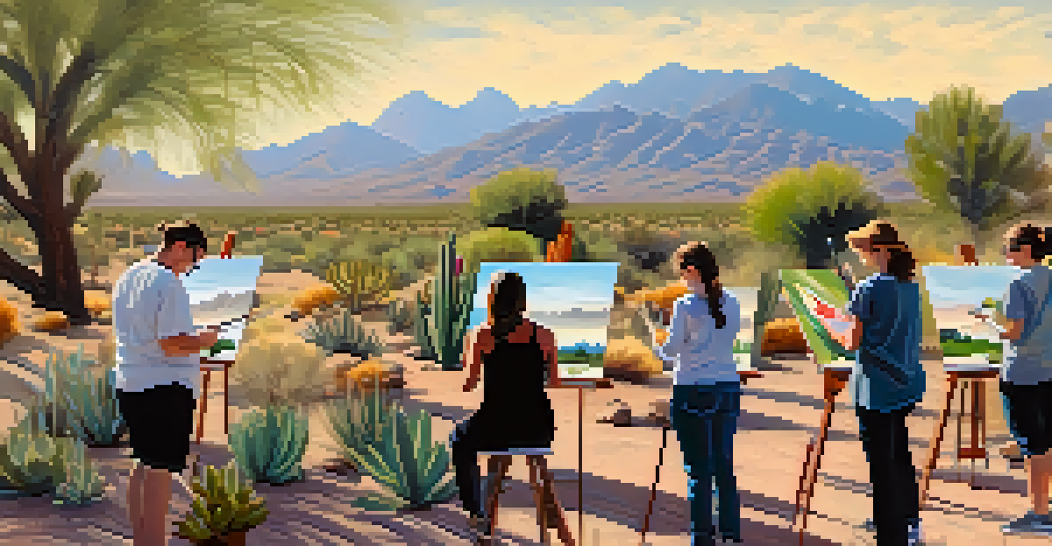 Students engaged in an outdoor art class, painting landscapes with cacti and mountains in the background under warm sunlight.