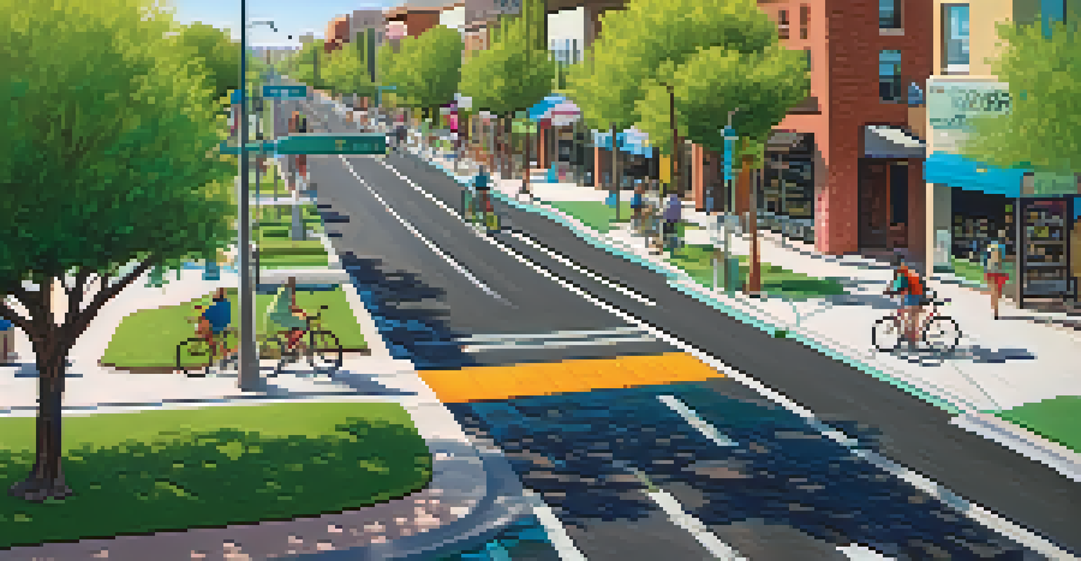 Aerial view of a bike lane in Tucson with cyclists and bike repair stations, promoting sustainable transportation.