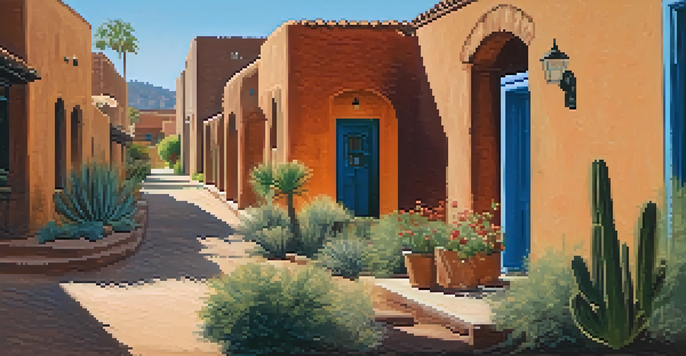 A vibrant street in Tucson's Presidio District featuring adobe buildings and historical markers under a bright blue sky.