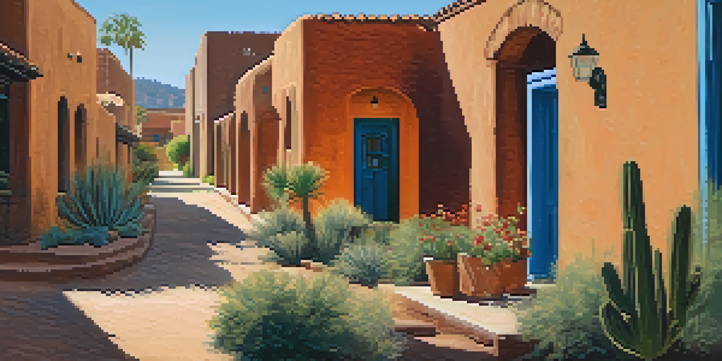 A vibrant street in Tucson's Presidio District featuring adobe buildings and historical markers under a bright blue sky.