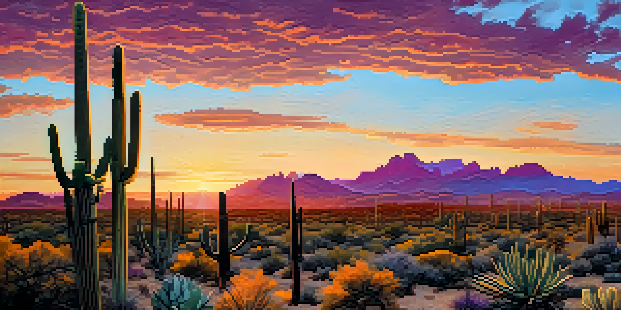 A scenic sunset over Saguaro National Park in Tucson, Arizona, with vibrant colors in the sky and cacti in the foreground.