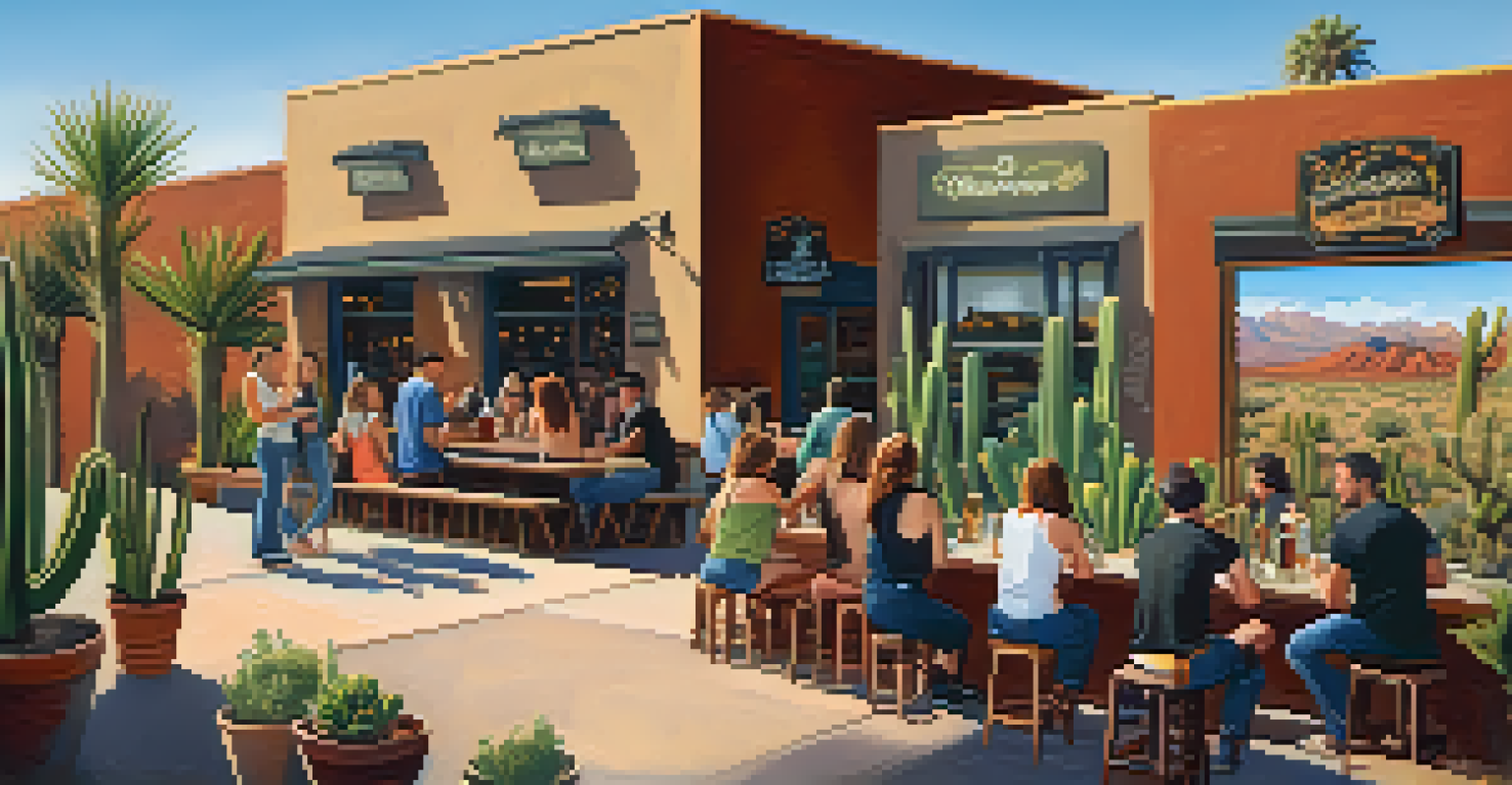A craft brewery with beer taps and a chalkboard menu, friends enjoying beers on a sunny patio with desert-themed decor.