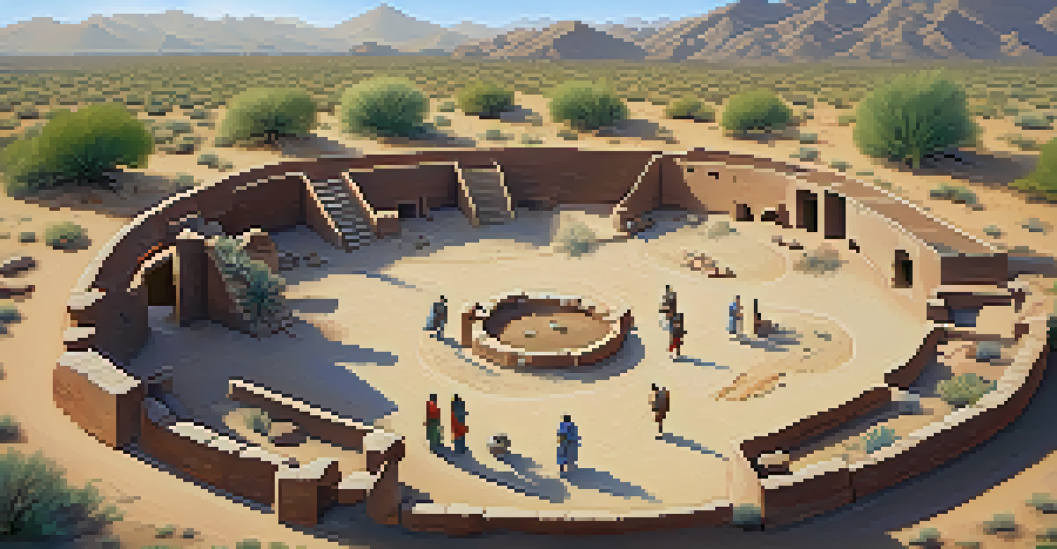 An archaeological site in Tucson showing a Hohokam ball court with researchers examining artifacts in the bright sun.