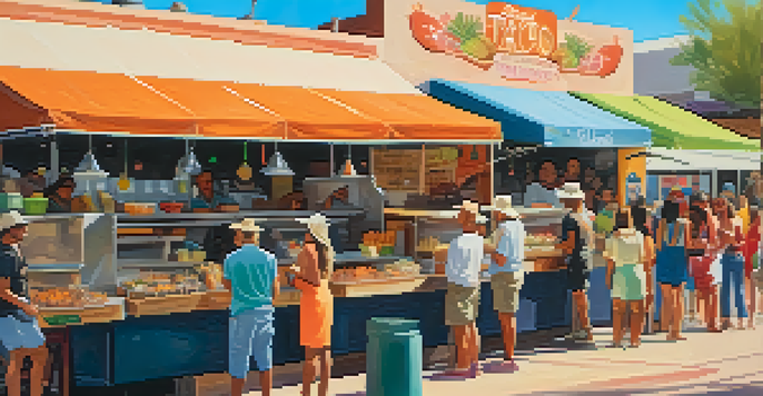 A colorful street food market in Tucson with food trucks and diverse people enjoying tacos and churros under warm sunlight.