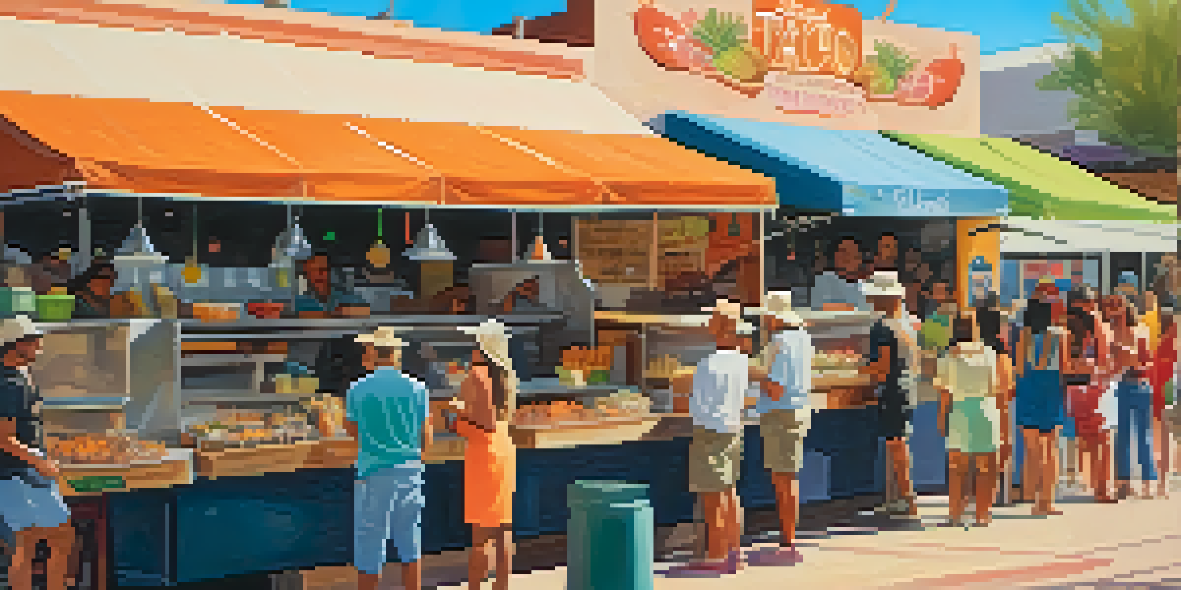 A colorful street food market in Tucson with food trucks and diverse people enjoying tacos and churros under warm sunlight.