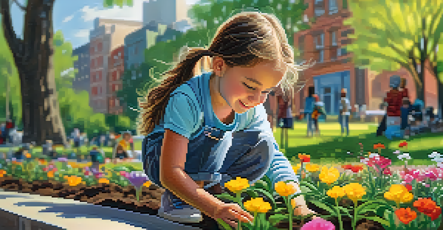 A young girl planting seedlings in a flower bed, smiling in a sunny park environment.