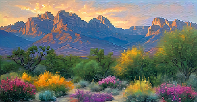 A scenic sunset view of the Catalina Mountains, with colorful flowers in the foreground and a sky filled with warm hues.
