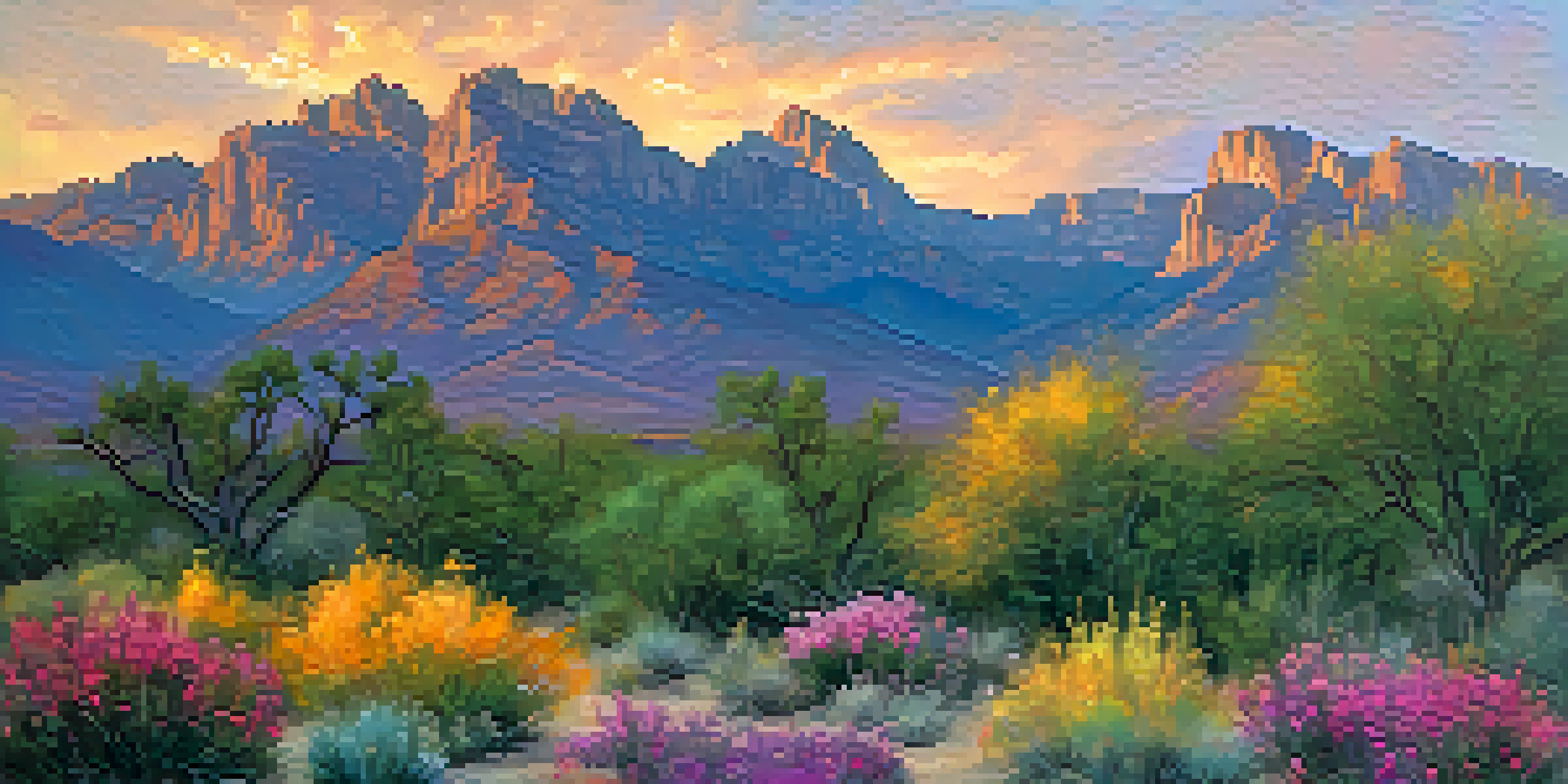 A scenic sunset view of the Catalina Mountains, with colorful flowers in the foreground and a sky filled with warm hues.