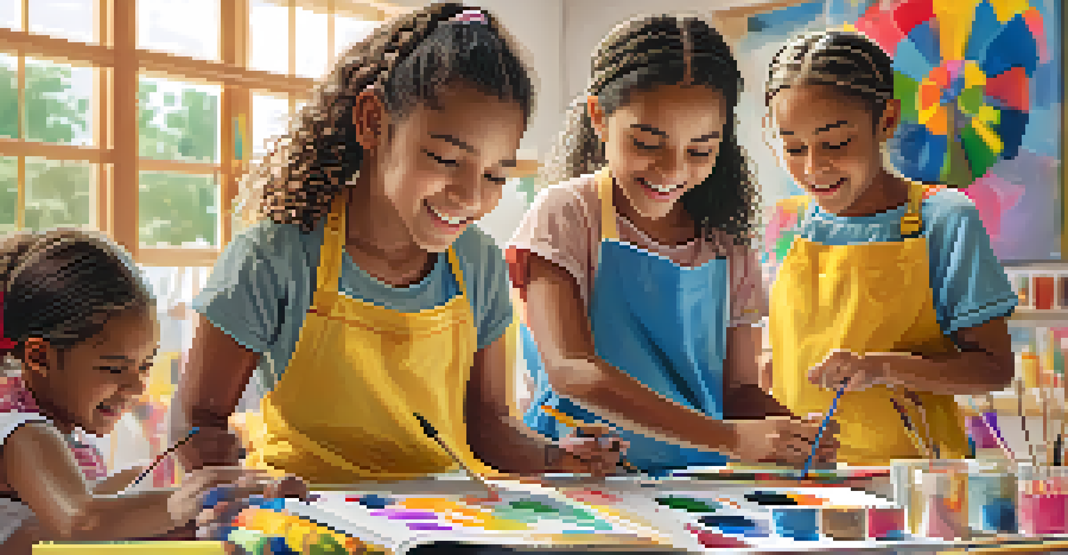 Young girls at an art workshop led by a female artist, happily creating their own paintings in a bright community center.