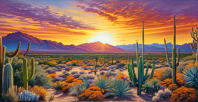 A colorful mural in Tucson showing a sunset with local plants and artists painting.
