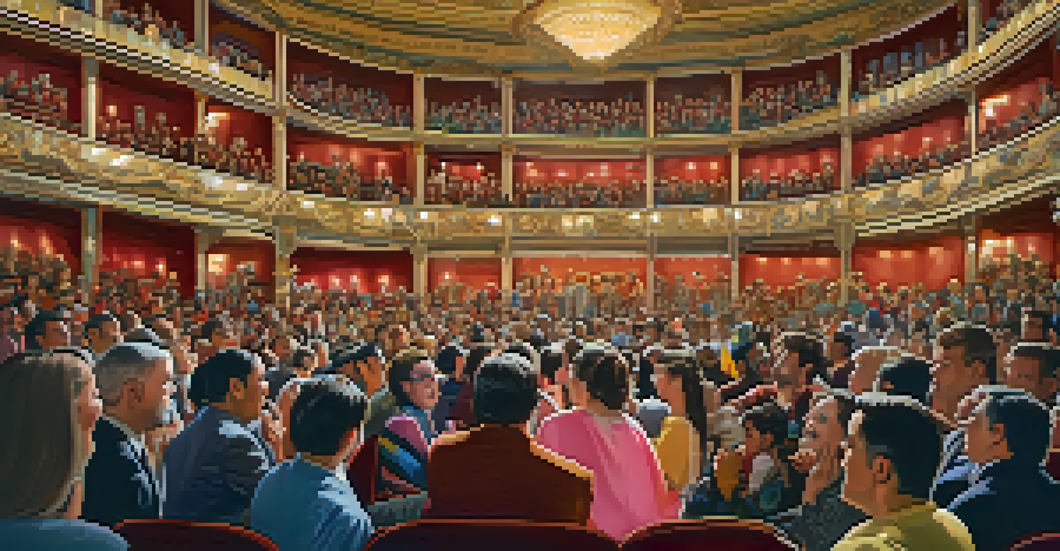 An audience enjoying a performance at The Rialto Theatre, with colorful costumes and bright stage lighting.