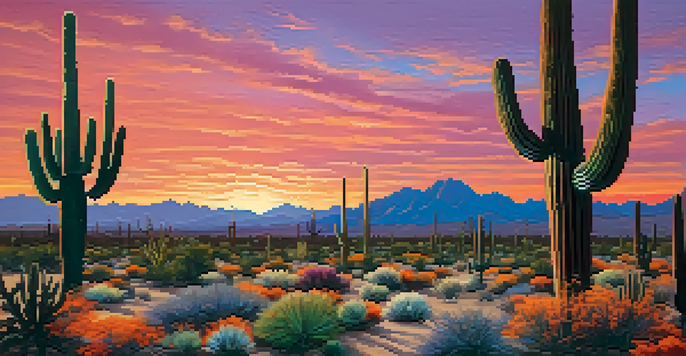 A sunset view of Tucson's desert landscape with Saguaro cacti and colorful sky.